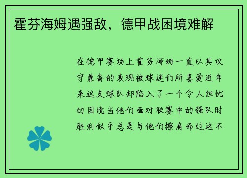 霍芬海姆遇强敌，德甲战困境难解