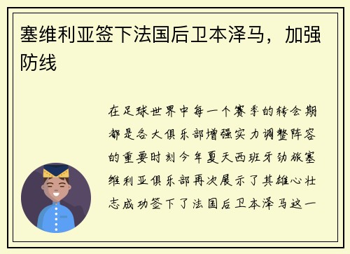 塞维利亚签下法国后卫本泽马，加强防线