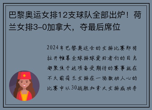 巴黎奥运女排12支球队全部出炉！荷兰女排3-0加拿大，夺最后席位