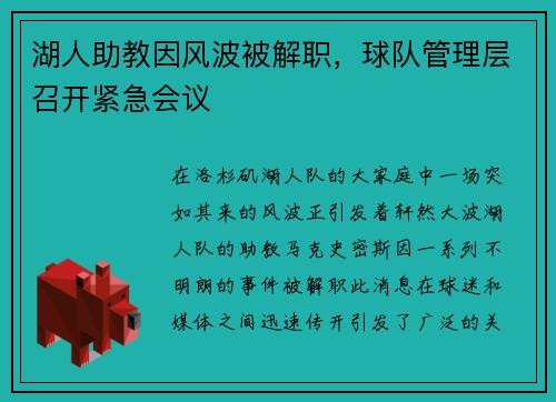 湖人助教因风波被解职，球队管理层召开紧急会议