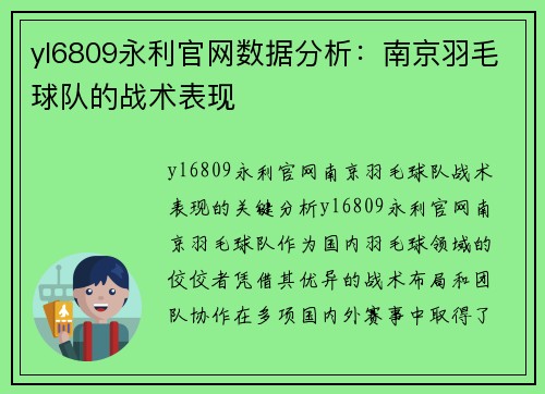 yl6809永利官网数据分析：南京羽毛球队的战术表现